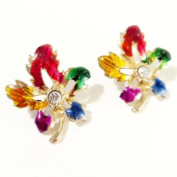 Vintage Jewelry - Rainbow Leaf Post Back Earrings